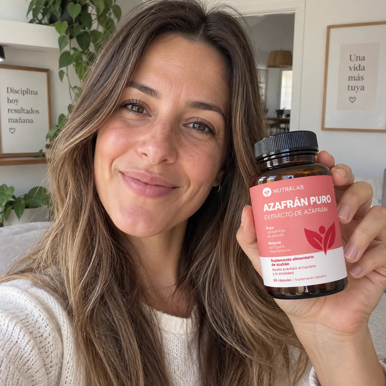 Mujer sosteniendo un frasco de NUTRALAB Azafrán Puro