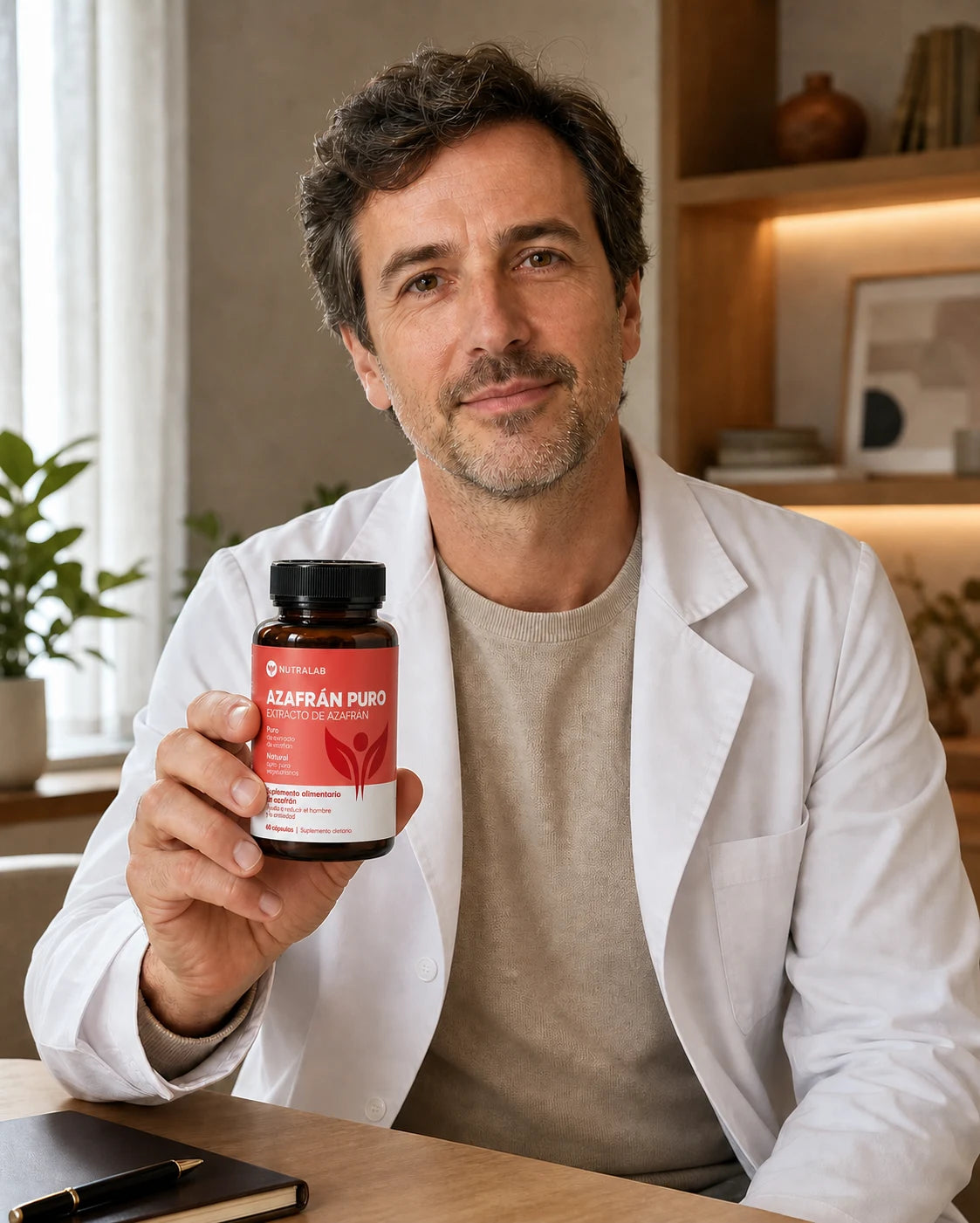 Profesional de salud ficticio sosteniendo NUTRALAB Azafrán Puro